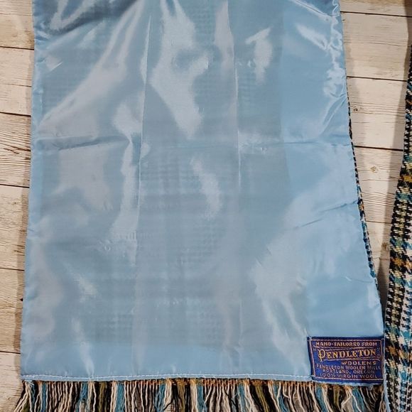 Pendleton Vintage Lined Wool Plaid Scarf Fringe‎ Ends Light Blue - Picture 5 of 6